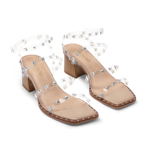 Clear Rhinestone Strappy Chunky Heels - CLEAR RIVET - 3